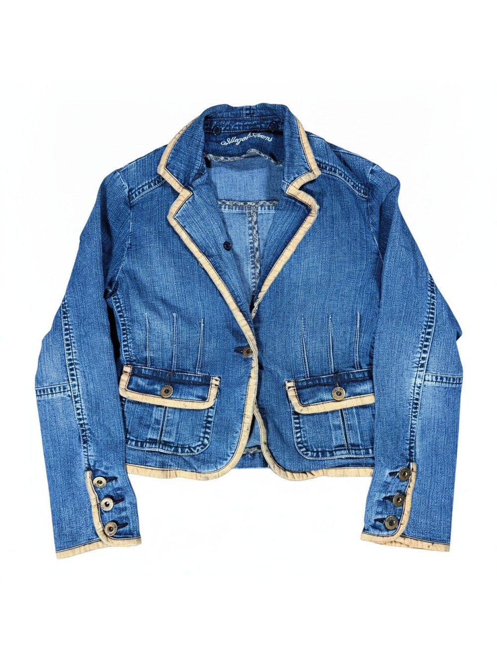 Illegal Jeans Women's Denim Blazer Jacket with Tan Trim, Medium Wash, Size M